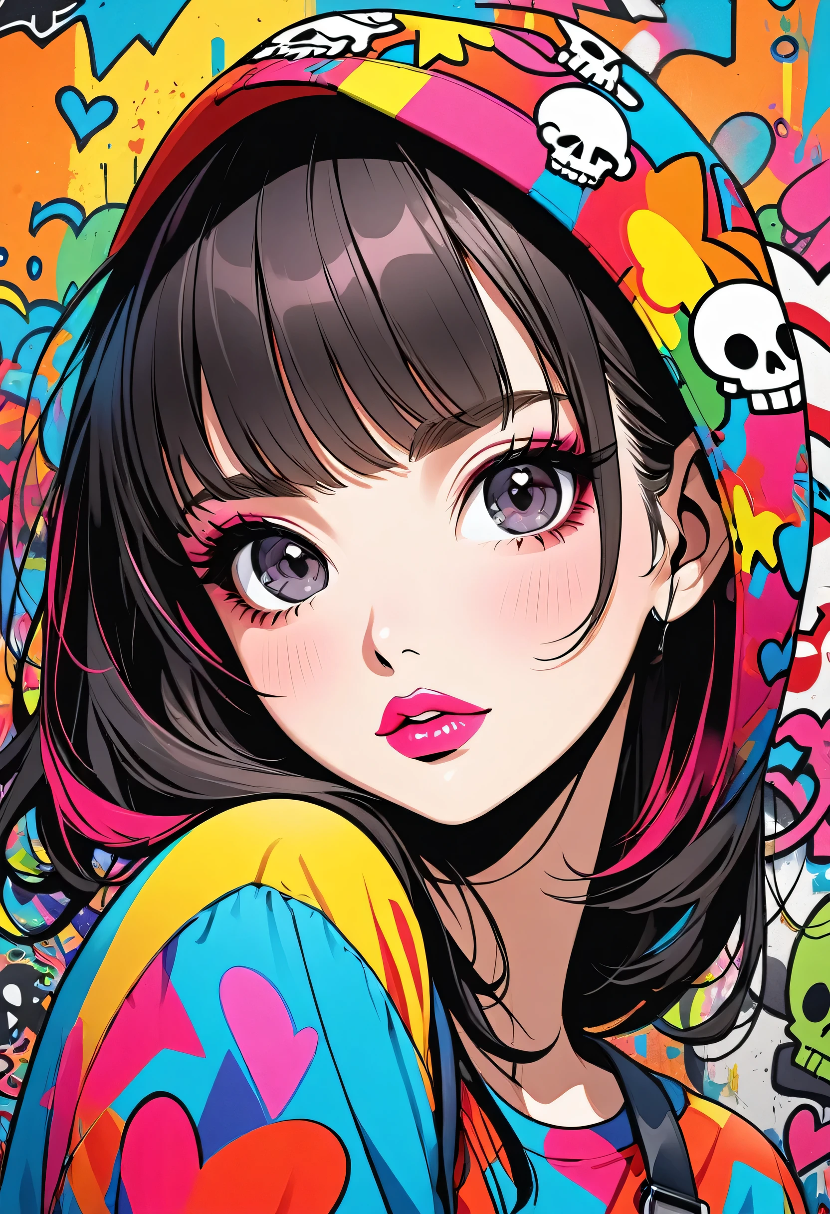 Ultra-realism Keith Haring colorful style, Simple Line Initialism,Abstract art,(((The most beautiful girl of all time))), Sweet face. Lips in love, colorful hearts, stylish design, Summer Skull, Dark Eyes, The background is filled with colorful graffiti.