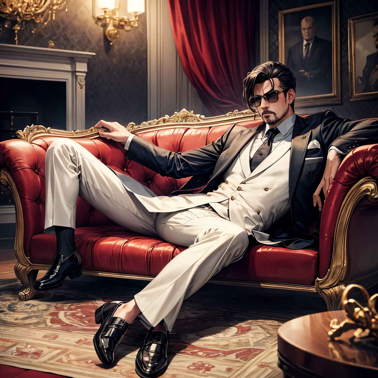 A mafia who sits on a sofa in a big luxurious house like a king