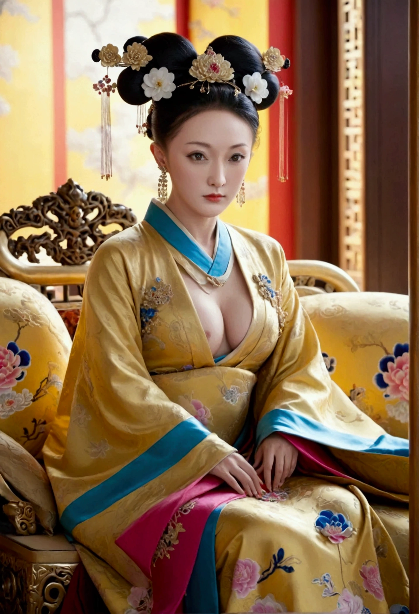 A large golden sofa with a fully naked Chinese Qing Dynasty empress sitting on it, her large breasts exposed and her hair tied to both sides.、Hairpins and flower decorations for Chinese empresses、Hair tied in the back, a perverted and erotic female background、The setting is the luxurious room of the Empress in the Qing Dynasty palace of China。.。
