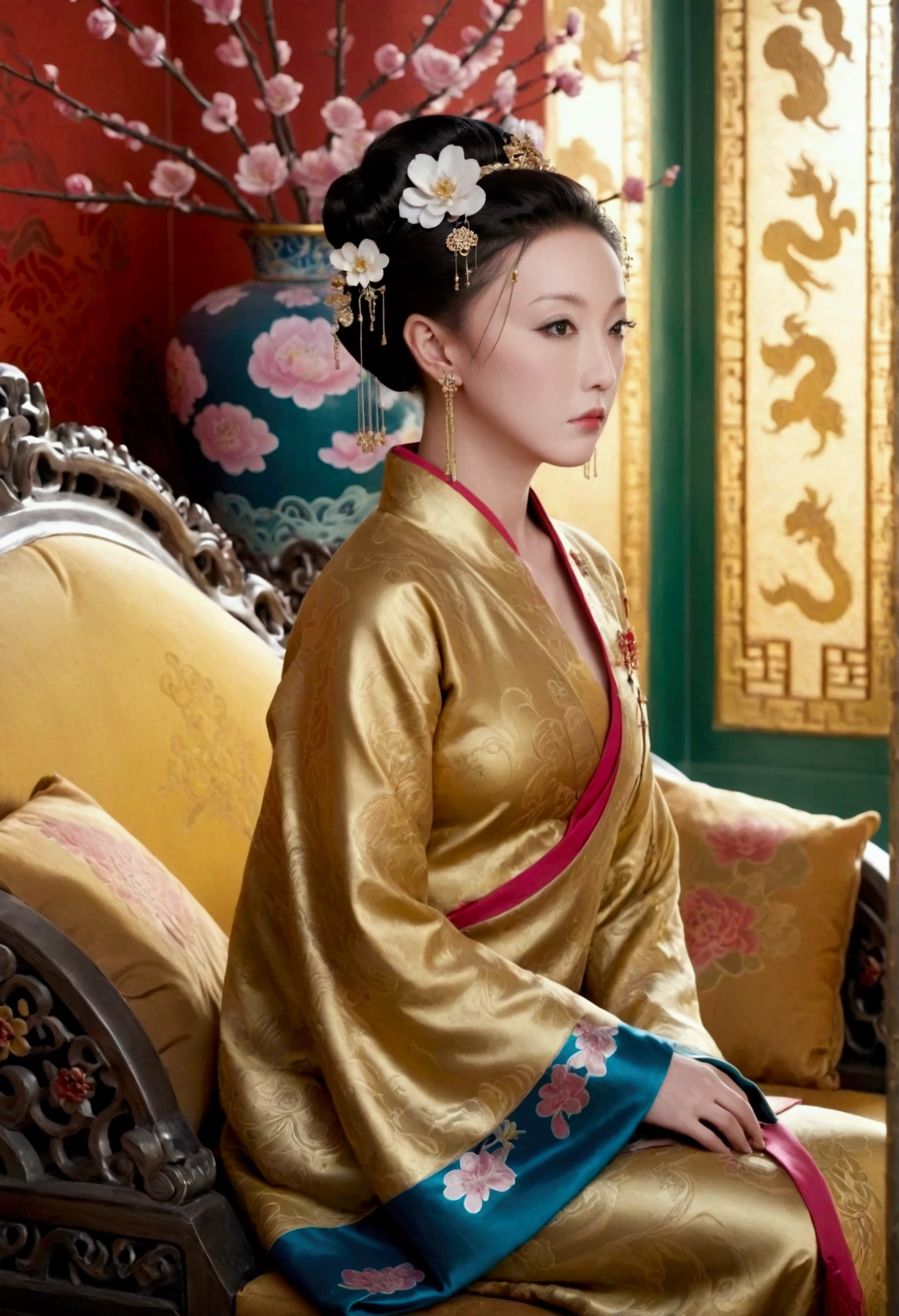 A large golden sofa with a fully naked Chinese Qing Dynasty empress sitting on it, her large breasts exposed and her hair tied to both sides.、Hairpins and flower decorations for Chinese empresses、Hair tied in the back, a perverted and erotic female background、The setting is the luxurious room of the Empress in the Qing Dynasty palace of China。.。
