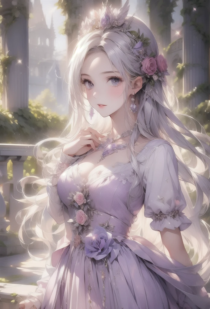 Flower Art, Rose, Fantasy, photograph, cute, Pale purple and light color style, Sparkling, Sparkling water reflections, Rococo portrait, Ether Tree, monoplane, les nabis,Tranquility,dream-like,16kHigh resolution, masterpiece, Highest quality, rose garden、like、High resolution, Highest quality, Very detailed, Beautiful Rose