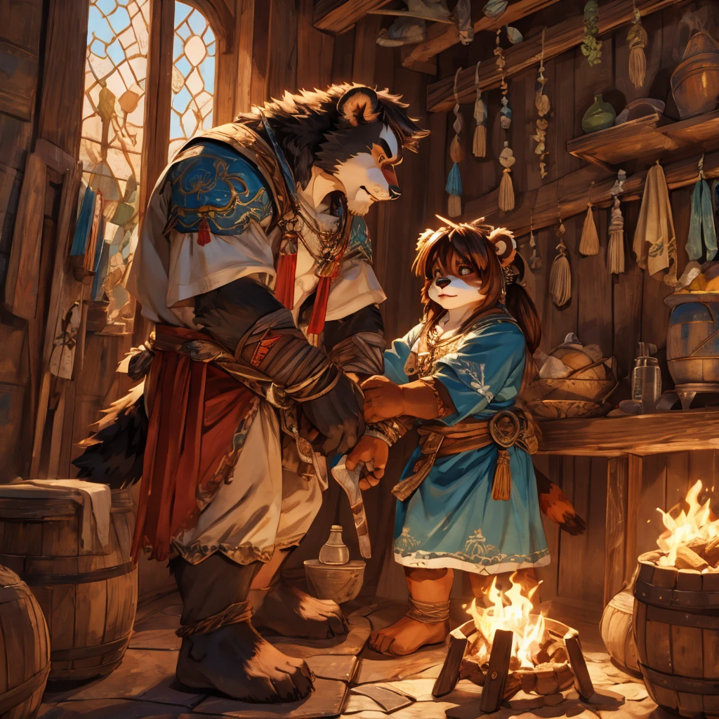 A muscular and strong male Pandaren,In the original village,Dress modestly,Tribe warriors with bare upper bodies,Barbaric times,Brutal violence,Stone Age