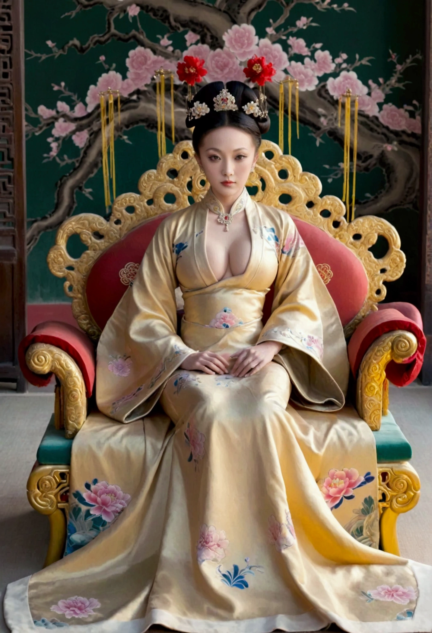 A large golden sofa with a fully naked Chinese Qing Dynasty empress sitting on it, her large breasts exposed and her hair tied to both sides.、Hairpins and flower decorations for Chinese empresses、Hair tied in the back, a perverted and erotic female background、The setting is the luxurious room of the Empress in the Qing Dynasty palace of China。.。