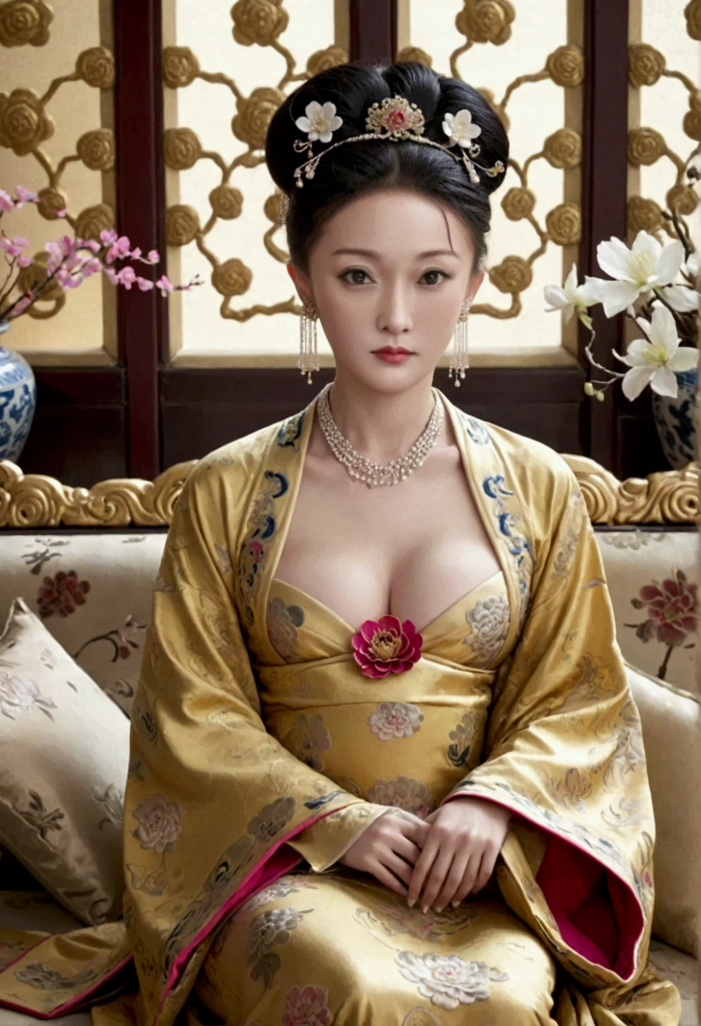 A large golden sofa with a fully naked Chinese Qing Dynasty empress sitting on it, her large breasts exposed and her hair tied to both sides.、Hairpins and flower decorations for Chinese empresses、Hair tied in the back, a perverted and erotic female background、The setting is the luxurious room of the Empress in the Qing Dynasty palace of China。.。
