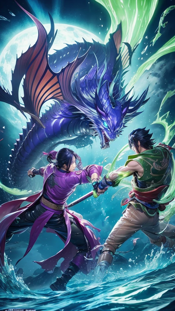 Please draw Susanoo fighting Yamato no Orochi。Susanoo is、The sword is covered in water as it attacks.。