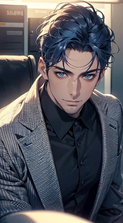 (best quality,4k,8k,highres,masterpiece:1.2),ultra-detailed,(realistic,photorealistic,photo-realistic:1.37),1 man,31 years old,mature man,very handsome,without expression,smile,short blue hair,blue eyes,penetrating gaze,perfect face without errors,imposing posture,businessman,office background,cinematic lighting,hdr image