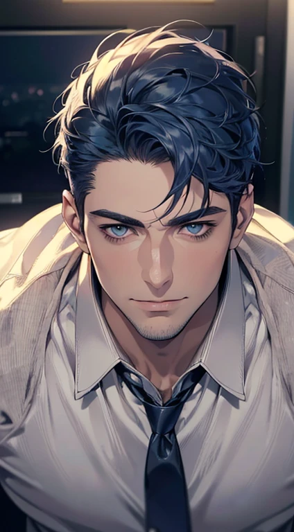(best quality,4k,8k,highres,masterpiece:1.2),ultra-detailed,(realistic,photorealistic,photo-realistic:1.37),1 man,31 years old,mature man,very handsome,without expression,smile,short blue hair,blue eyes,penetrating gaze,perfect face without errors,imposing posture,businessman,office background,cinematic lighting,hdr image