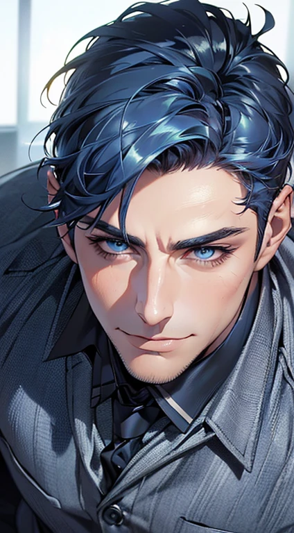 (best quality,4k,8k,highres,masterpiece:1.2),ultra-detailed,(realistic,photorealistic,photo-realistic:1.37),1 man,31 years old,mature man,very handsome,without expression,smile,short blue hair,blue eyes,penetrating gaze,perfect face without errors,imposing posture,businessman,office background,cinematic lighting,hdr image