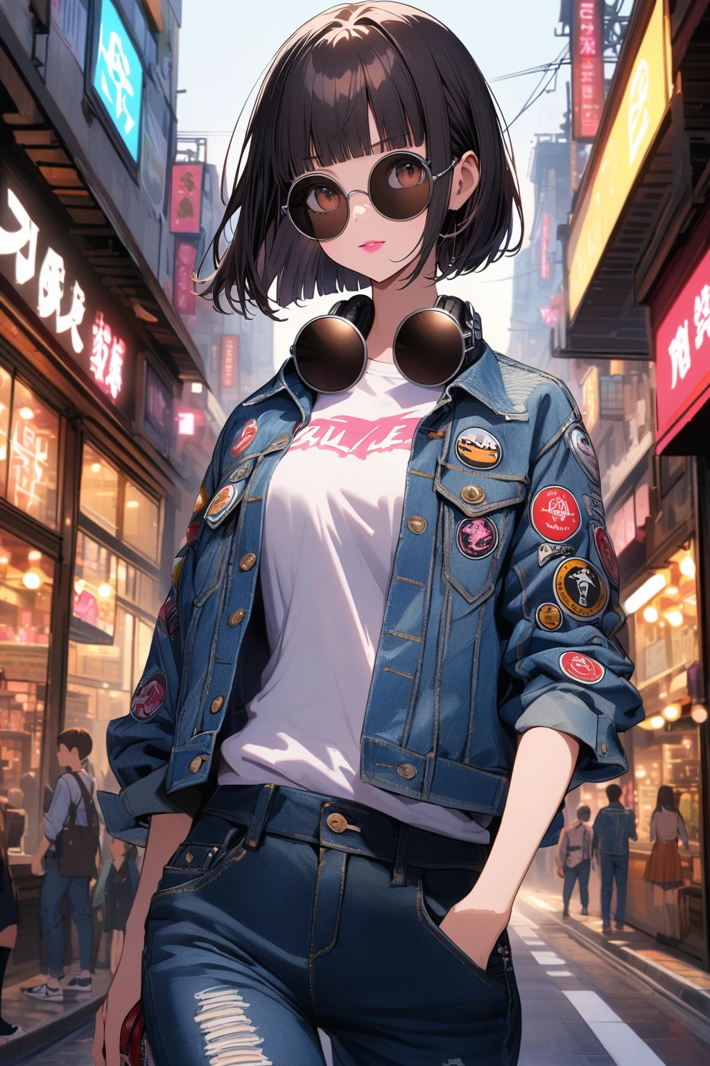 (extremely detailed fine touch:1.3), (((silver round sunglasses:1.3))), (wear black headphones around neck:0.9), girl, solo, bowl cut hair, blunt bangs, black hair, brown eyes, pink lipstick, medium breasts, denim jacket, white shirt, denim pants, extremely detailed fashion street