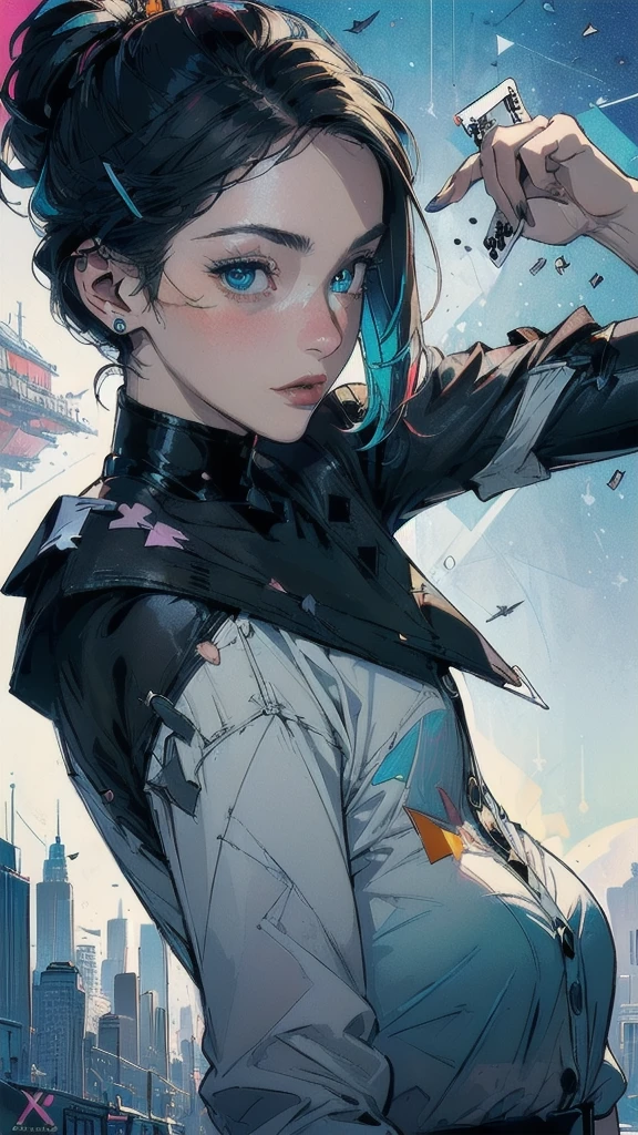 (((masterpiece, highest quality))),(((solo:1.2))),(((1girl:1.2))),32k wallpaper, very detailed, poster, vintage science fiction,(((((geometric cinematic movie poster))))), ((((bauhaus)))),(((abstract))),((((mid century modern)))),(((((portfolio))))),(((((Close-up))))),(((((bust up))))),((((more various angle)))),(((highlight))),((((heterochromia)))),(((complete. detailed face))),(((Extremely talented))),(((most complecated machine))),(((Overall colorfully))),((((((Absolutely gradation background)))))),(((playing cards pattern clothes)))