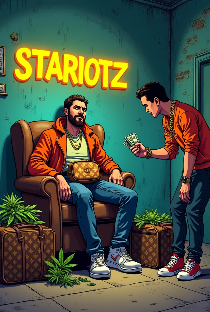 An animated cartoon picture of a person with a gucci fanny pack sitting on a chair in a basement room and next to the person are 40 kilograms of cannabis in Louis vuttion travel bags and next to the person is another person who is standing and giving the first person money and on the picture should be written in capital letters Stariotz
