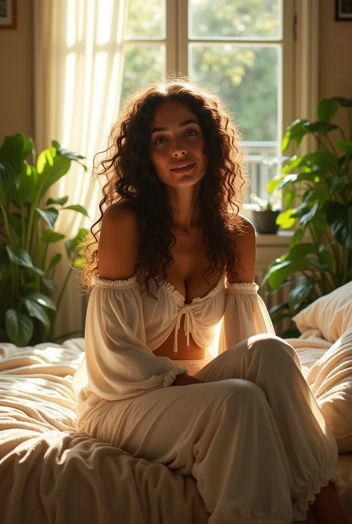 (photorealism:1.2), beautiful woman, sitting on bed, wearing loose off-shoulder top, pajama pants, long curly hair, indoors, soft lighting, plants in background, window with sunlight, cozy room, relaxed pose, realistic, intricate details, warm colors, by Greg Rutkowski, by Alphonse Mucha