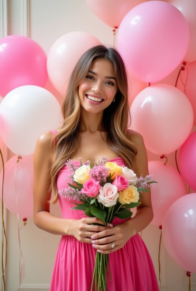 woman, long straight light brown hair, medium bust pink dress, chubby, with a bouquet of flowers in her hands, birthday celebration, pink and white balloons, looking at the camera, photorealistic