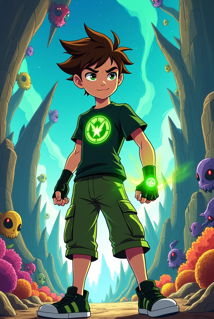 A fusion between teenage Ben 10 and Ghost Rider we think they are coming out of his fire skull they could be green the image has to be in anime