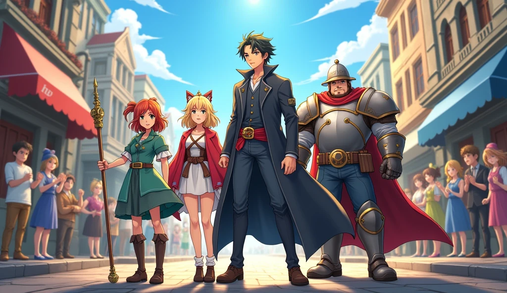 ( High quality 2D animation) Asahi、Departure Day、A group of brave men、A party of four: a handsome and refreshing hero, a female mage, a healer, and a tank.、Departure from the capital、Supported by the people、Bright sunlight、excited、looks fun、Looking forward to the adventures ahead、fanfare、Anime style illustrations