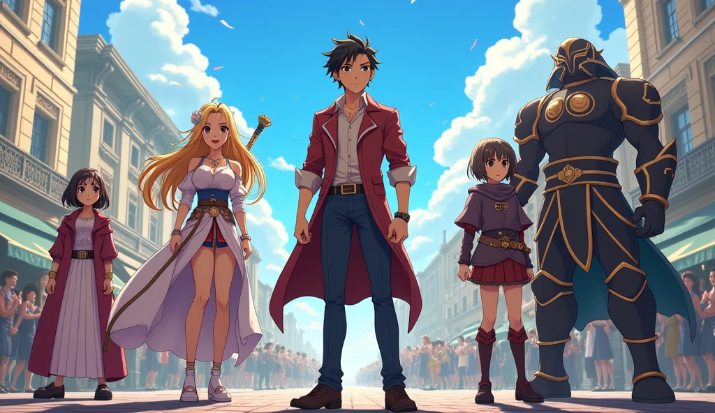 ( High quality 2D animation) Asahi、Departure Day、A group of brave men、A party of four: a handsome and refreshing hero, a female mage, a healer, and a tank.、Departure from the capital、Supported by the people、Bright sunlight、excited、looks fun、Looking forward to the adventures ahead、fanfare、Anime style illustrations