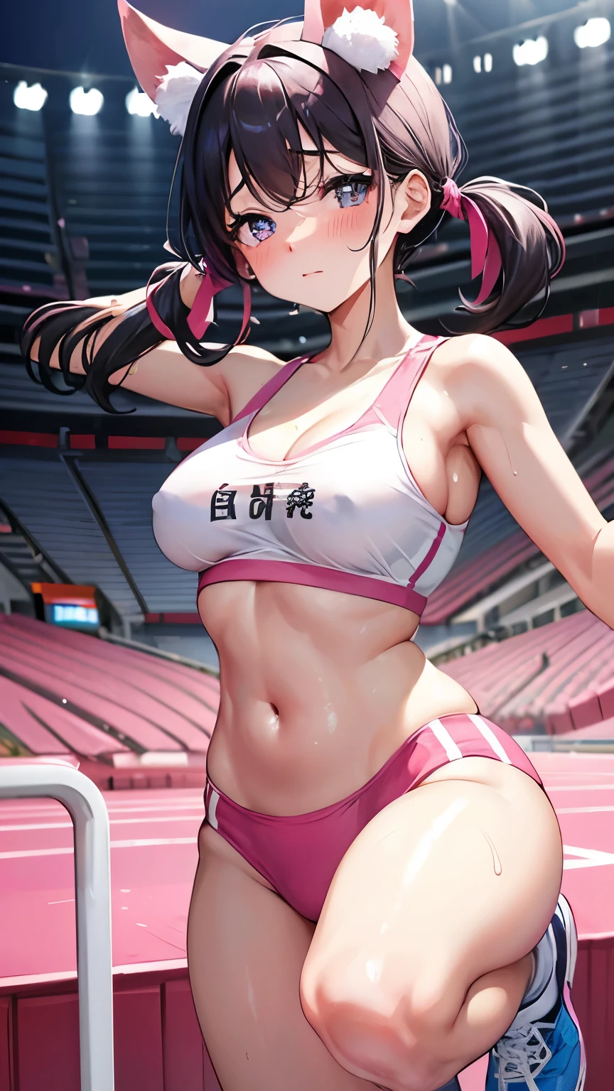 (elegant),Highest quality、Beautiful girl、Black hair twin tails、Very embarrassed face、Very blushing、eyes very big、Pupils sparkling、Inside the athletics stadium、Pink athletics uniform、Cute little breasts、Cleavage、Belly button、nipples stand、Anatomically correct、Glowing Skin、Very wet skin、Female genitalia is visible、looking at the camera、Bright lighting from the front、whole body、Pink running shoes、Cute Dance