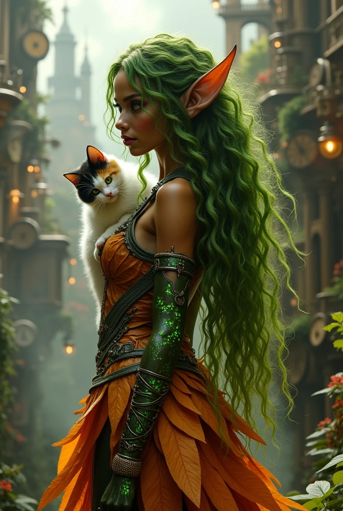 Elfo d&d, feminine, long moss green curly hair, dark copper skin with green veins, one meter and fifty centimeters tall, Steam punk style orange leaf clothes with a tri-colored cat on the shoulder