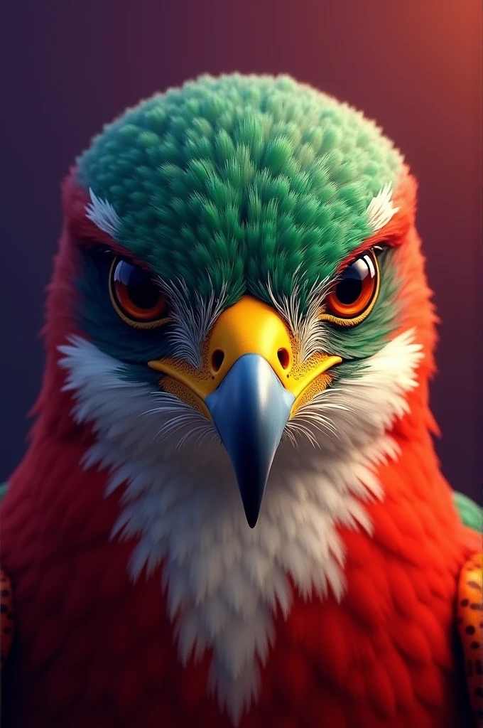 Falcon head with mexican colors is realism style, gradient background purple 77 20 140 and orange 255 102 0