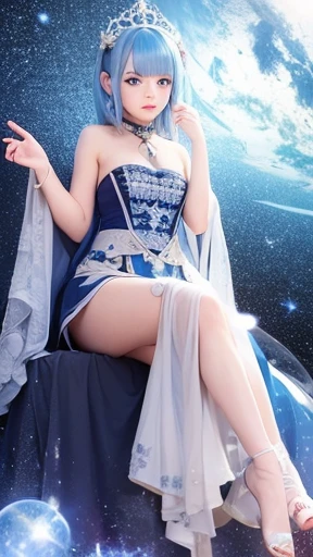 universe,Milky Way,(masterpiece),(high quality),noble,Domination,Wizard,Robe,Shoulders exposed,slit,Ankle-length boots,Blue Hair,Beautiful Face