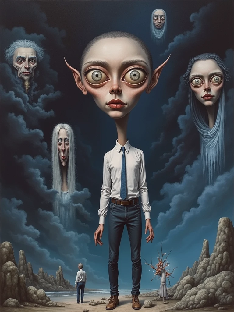 A reinterpretation of this self-portrait in a surrealistic style, oil painting, inspired by Salvador Dalí, Deviant Art, Highly detailed, dystopian, Bluish, cinematic lighting"