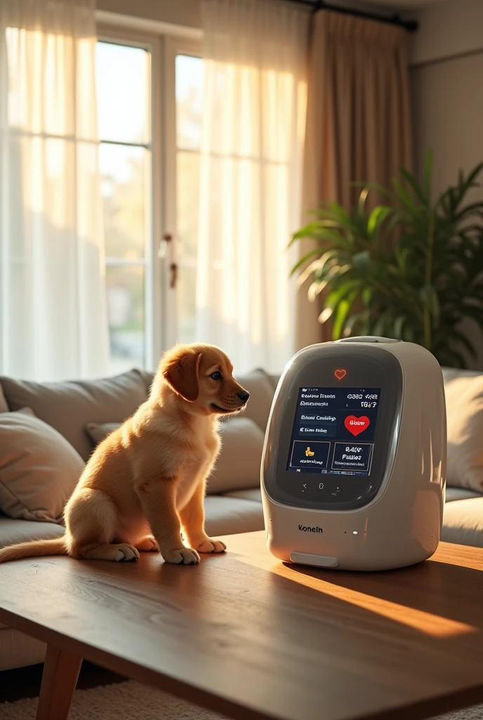 There is a pet inside a small plastic and glass chamber where it receives a full scan of its vital signs and medical condition, and states that are determined by a veterinarian, but using the camera., temperature states, Blood pressure and heart rate will be displayed on the camera and other medical results will be passed to a monitoring application, but the camera should be in a home where its owner can supervise.