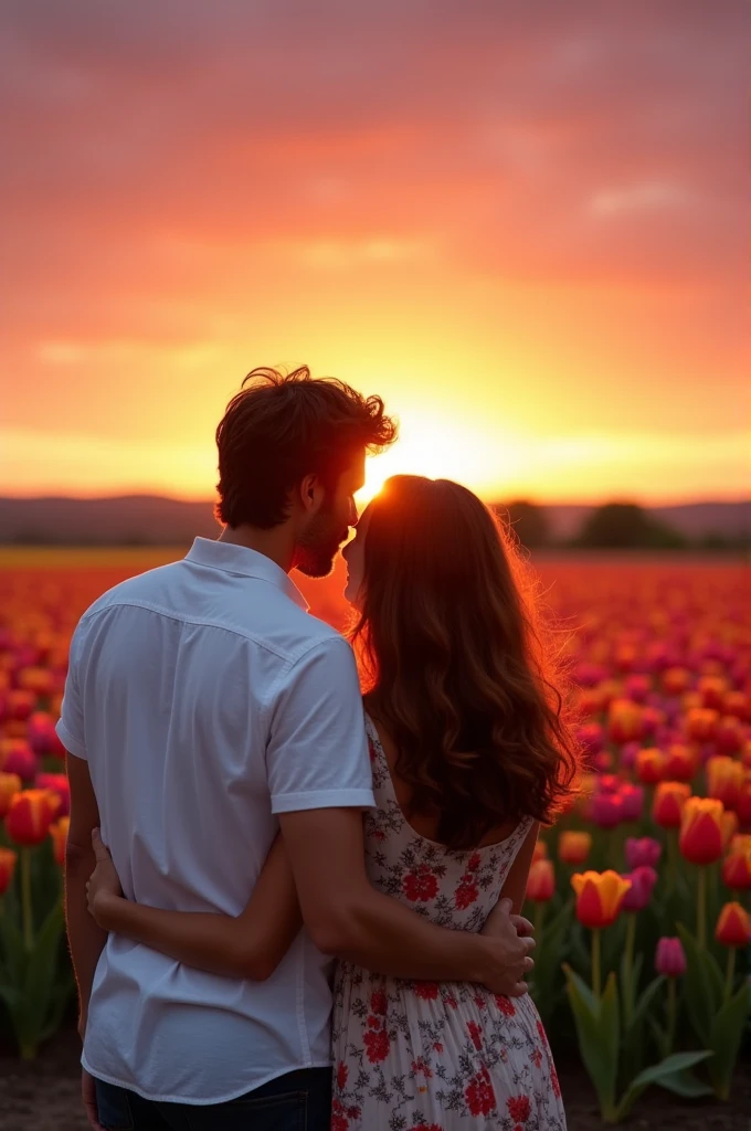 Couple of man and woman hugging watching a sunset with tulips