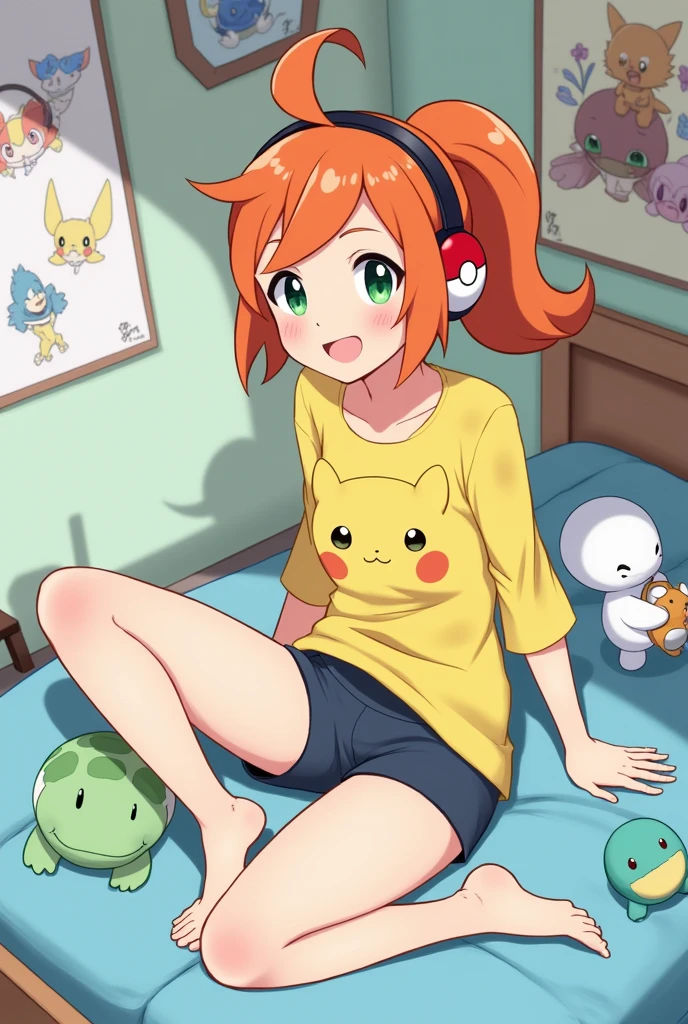 Draw Misty from Pokémon in a room lying on her bed listening to music with pokeball shaped headphones.
Misty has short hair pulled back in a ponytail on the right side of her head and it is orange; Her eyes are green.
She's wearing a yellow shirt with a Togepi design and athletic shorts.
Your room has plush toys of marine Pokémon