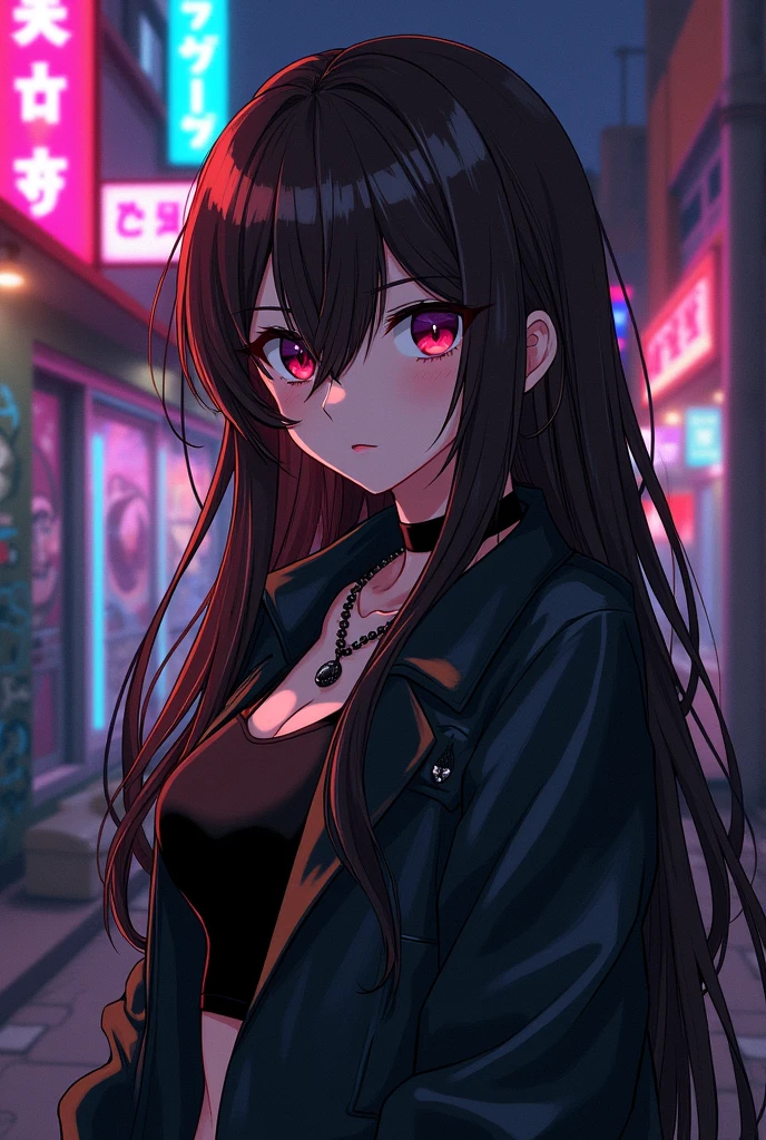 Brown haired anime style, long hair, emo, sideswept bangs and hot, adult.