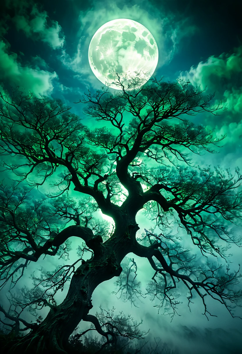 (Only Treetops and Full Moon are Visible.) 在月光下大暴风雪的森林 close up 雪覆蓋森林 很大的扭曲 樹木形狀奇特樹枝多 ( Look from the bottom up) close up (Only Treetops and Full Moon are Visible.) Blizzard, Moonlight Pierces Through the Gaps in the Trees. high dynamic range, super high quality, The Tyndall effect. Blue-Green Mist Layer, Abundant and Bright Moon. Spooky atmosphere. Dense Fog Envelopes the Surroundings. Hazy Environment Conveys an Atmosphere of Mystery and Suspense. Thrilling. The Tyndall effect. Ethereal Glow. Detailed description. Surrealism. dreamlike world. sharp focus., Writing Depth, The best shadow, Perfect light, high dynamic range, Realistic textures, Super Detailed Background Wide-Angle Lens