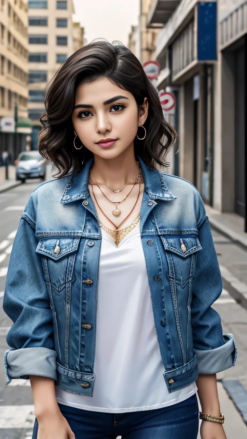 Super Resolution、Clear Iranian woman、short hair、Wavy Hair、、ear piercing、necklace、Denim jacket、shirt、The background is a city street