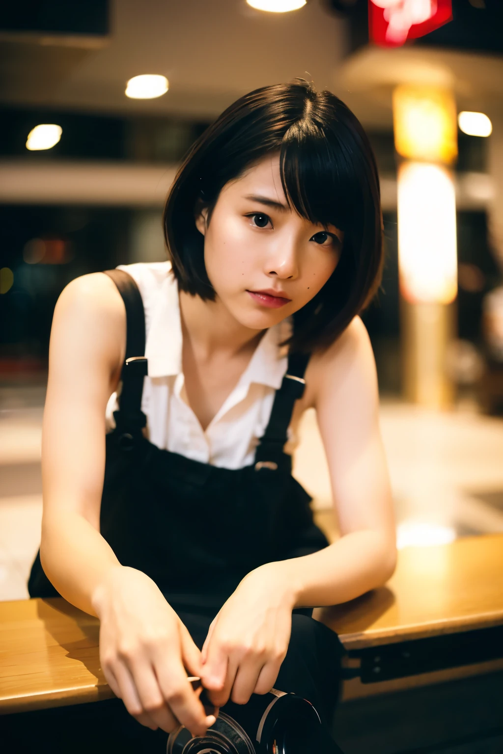 ((Highest quality)), ((Tabletop)), (Film aesthetics:1.4) Bokeh city night photo of a beautiful Japanese fashion model,Footjob