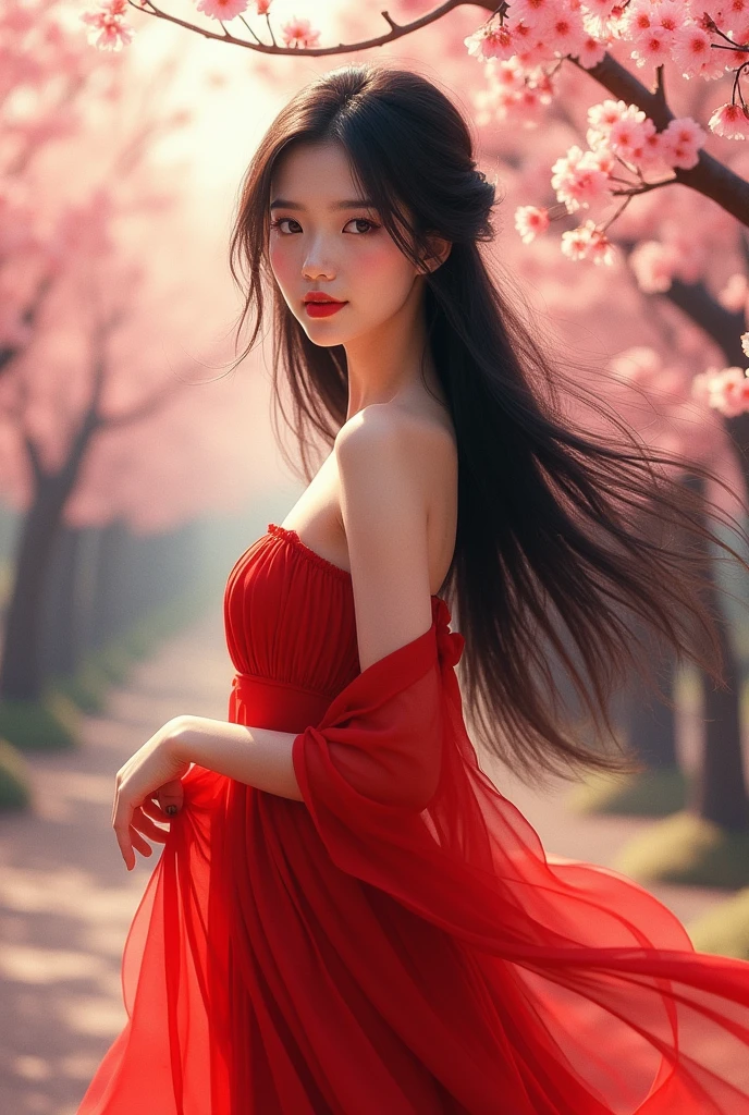 A Japanese girl with fair skin, long black hair, eyes black, red lips and wearing a red dress.