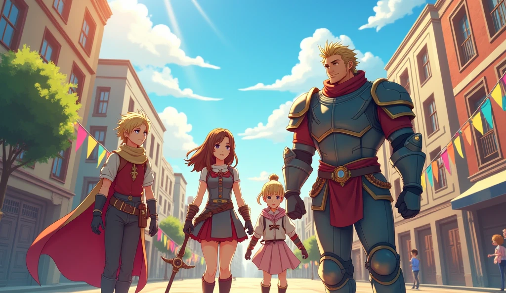 ( High quality 2D animation) Asahi、Departure Day、A group of brave men、A party of four: a handsome and refreshing hero, a female mage, a healer, and a tank.、Departure from the capital、Bright sunlight、excited、looks fun、Looking forward to the adventures ahead、fanfare、Anime style illustrations、Shinkai Seikaze illustration