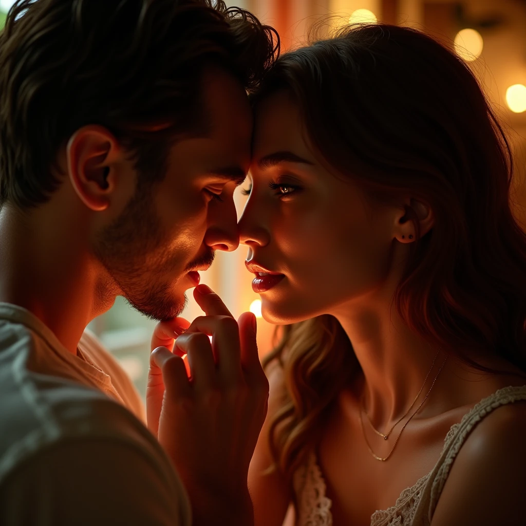 a beautiful 23 year old woman, tenderly sucking on her boyfriend's fingers, saliva dripping from her mouth, intimate, sensual, cinematic lighting, high quality, photorealistic, 8k, extremely detailed