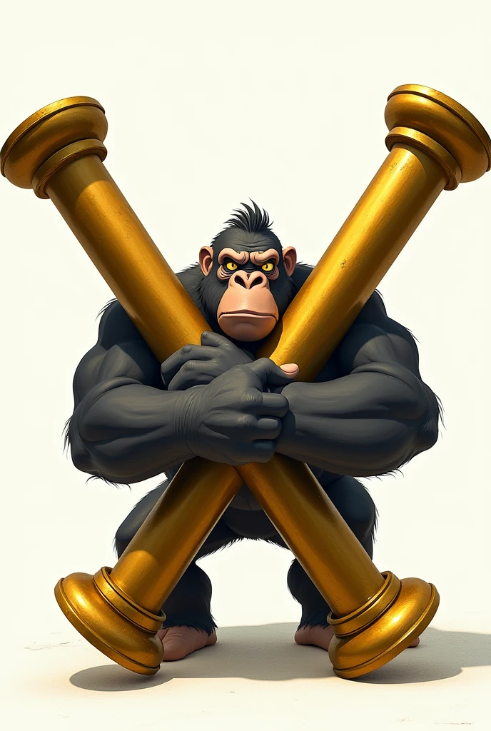 Two crossed cannons, that form the figure of a "X", behind the golden cannons there is a white background, looks like a classical greek white wall, the cannons are being held by a ferocious gorilla. I want the picture to be drew like an animated TV show. Like the "Cuphead" game drawing style