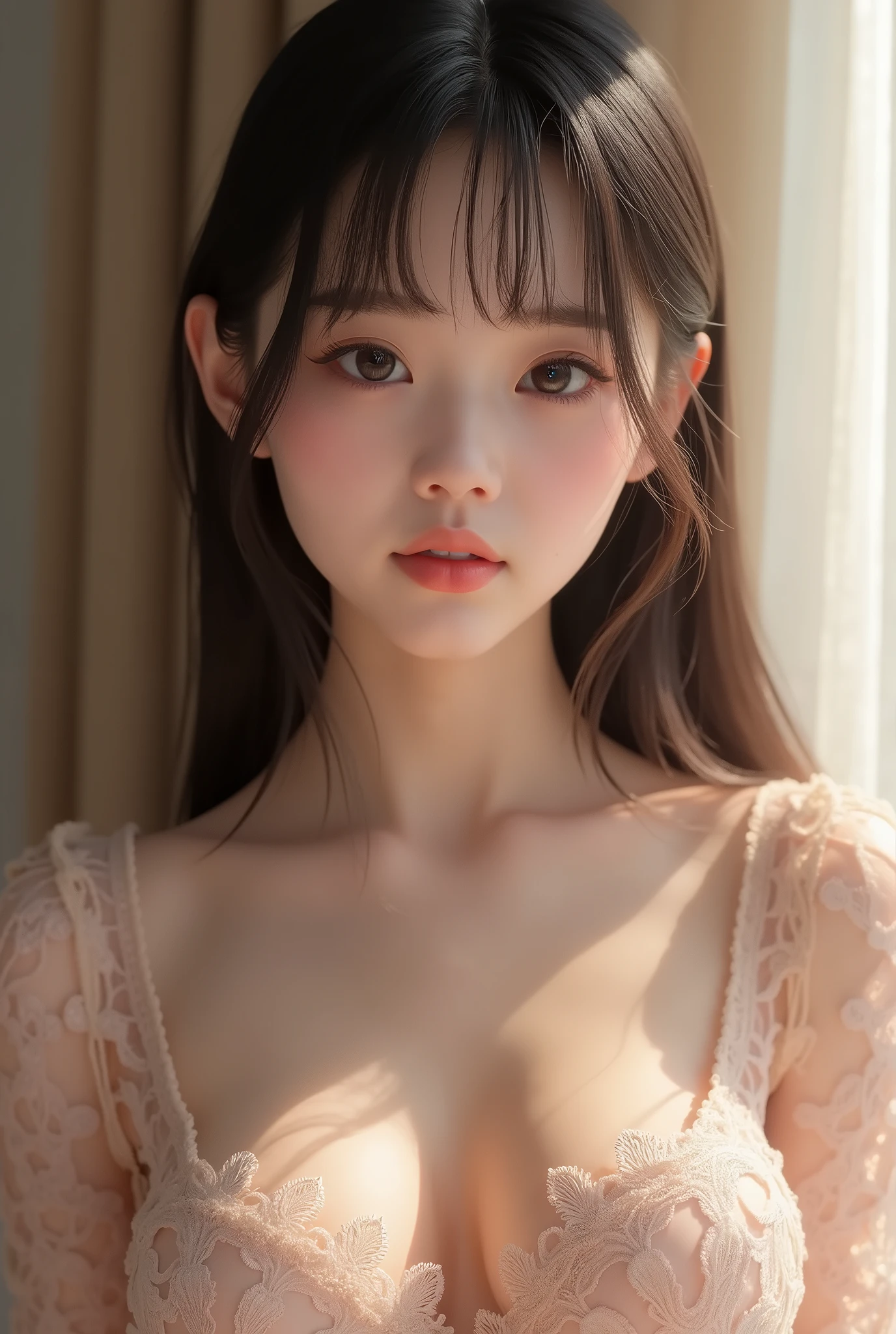 straight hair, (1girl), 20yo, kawaii, cute face idol, Cheerful, gentle, soothing, beautiful girl with beautiful details, (horizontally elongated eyes:1.3), extremely detailed eye and face, glossy lips, (See-through lace costume with cute details and wide open breasts:1.6), Bare shoulders, (Bare chest, areola:1.35), Realistic, extremely detailed CG unified 8k wallpaper, ighly detailed, High-definition raw color photos, professional photograpy, Realistic portrait, Cinematic Light, Beautiful detailed, Blushing, Ashamed, (Realistic skin:1.2), (Best Quality:1.4), Super Detail, High quality, Indoor, depth of fields,