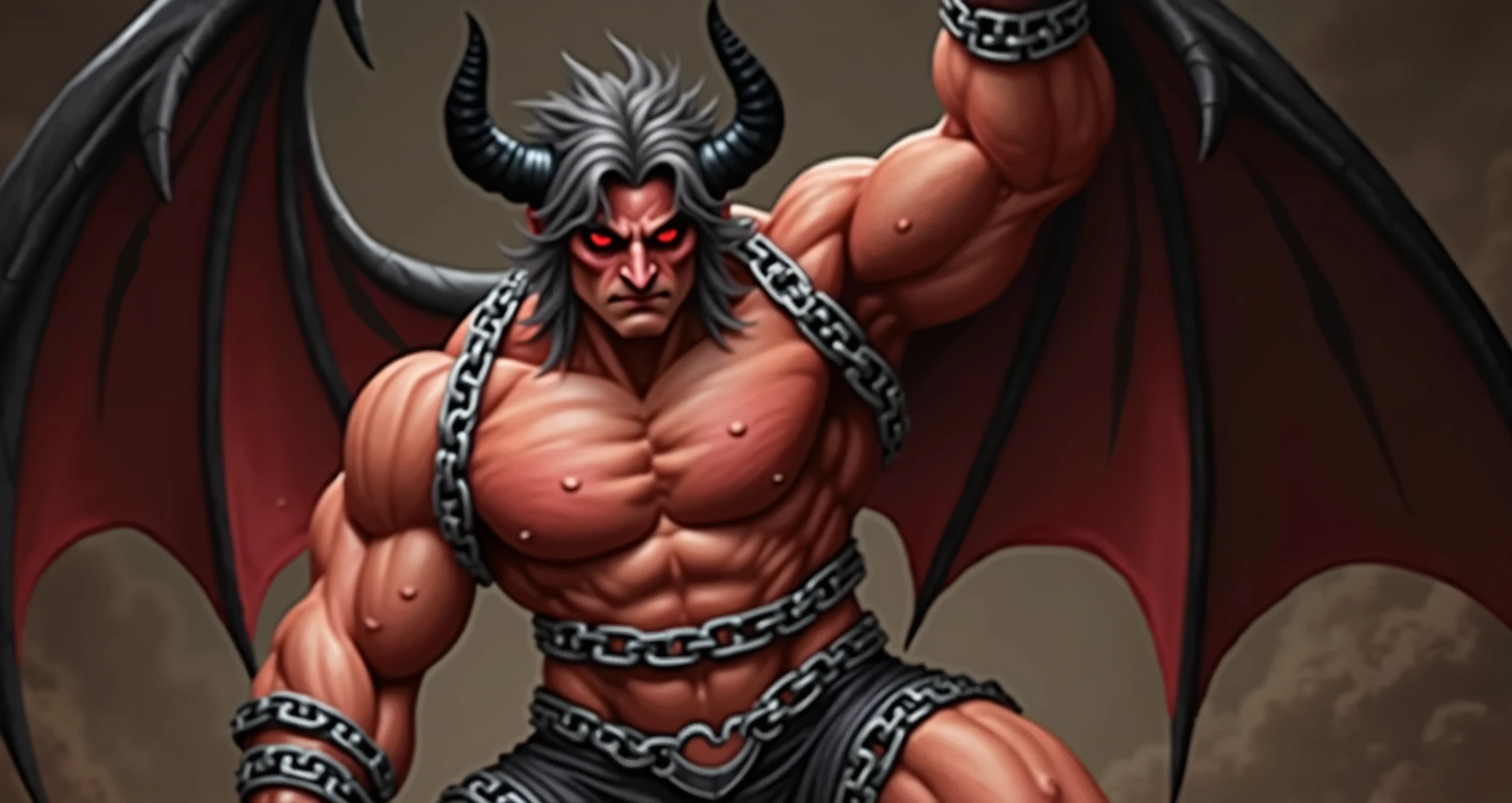 hairy chest, body only, muscular, red skin, dark gray hair, knight kneeling, huge pecs, huge body, big arms, eight-pack abs, black jockstrap, big bulge with balls, chain bind around body, Lu Bu, bat wings, two black small horns, demon, red pupils, red iris, black sclera, spiral eyes, red skinned, big penis