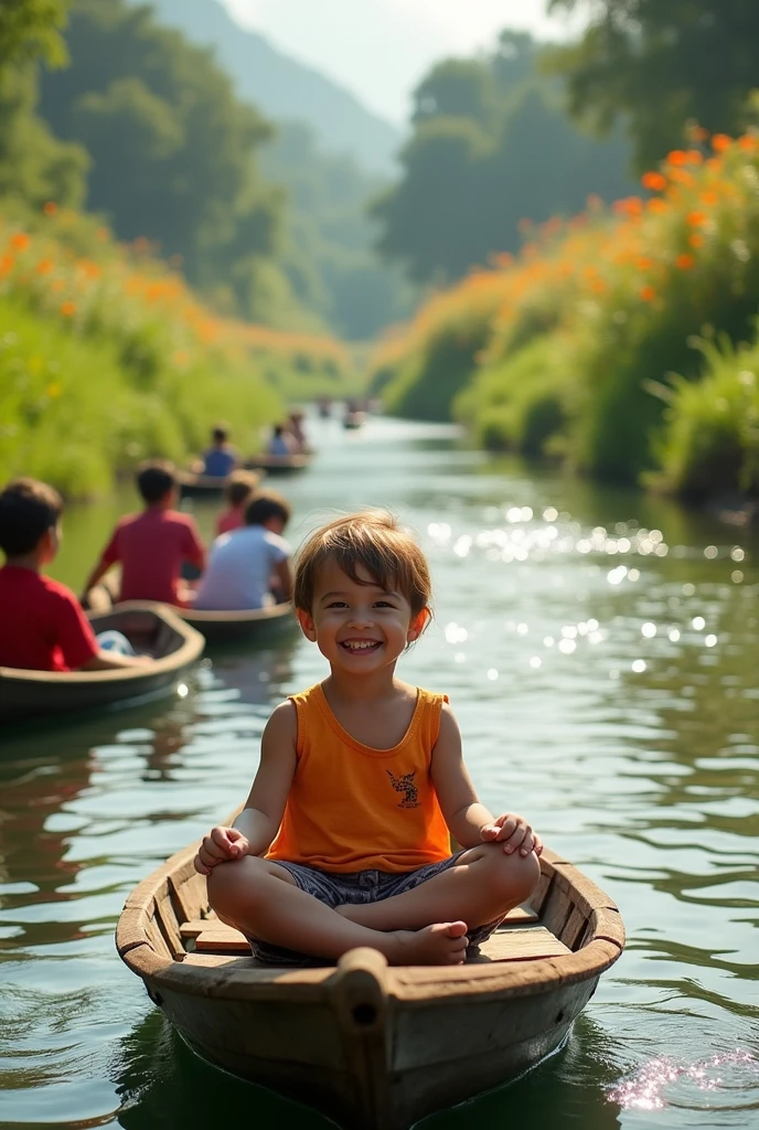 raise a 2 year old with curly hair holding a wooden boat playing on the edge of a dam at dusk
