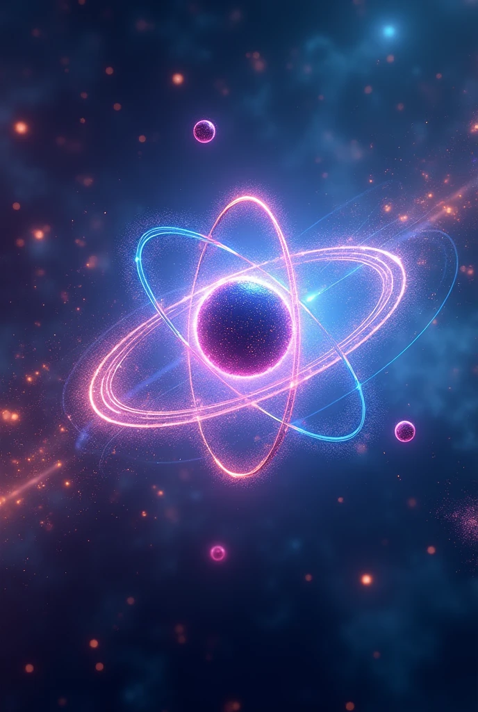 Inside the atom、glowing quantum atom-like structure、Electrons orbiting at the speed of light