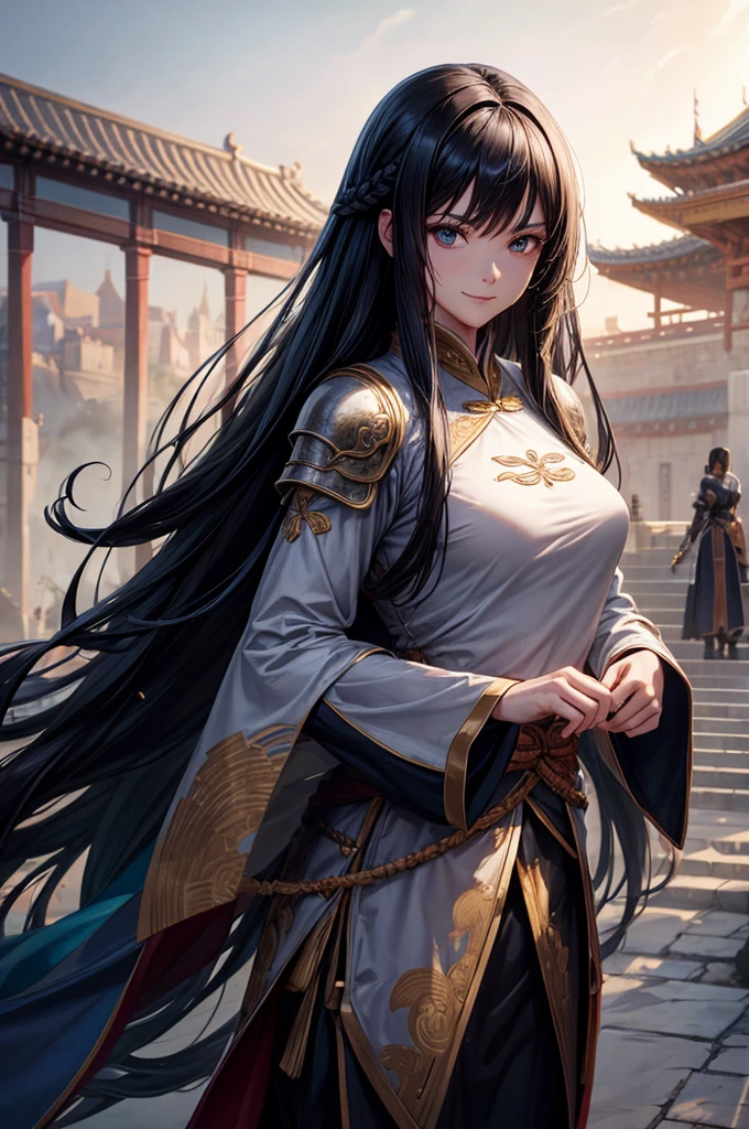 Armored１People Women, smile, clear, Hanfu, Wearing light armor, Tight waist, Long Hair, Black Hair, black eye, Five fingers, An old Chinese castle in the background, cinematic lighting, cowboy shot, anime, UHD, retina, masterpiece, accurate, anatomically correct, textured skin, super detail, high details, high quality, award winning, best quality, highres