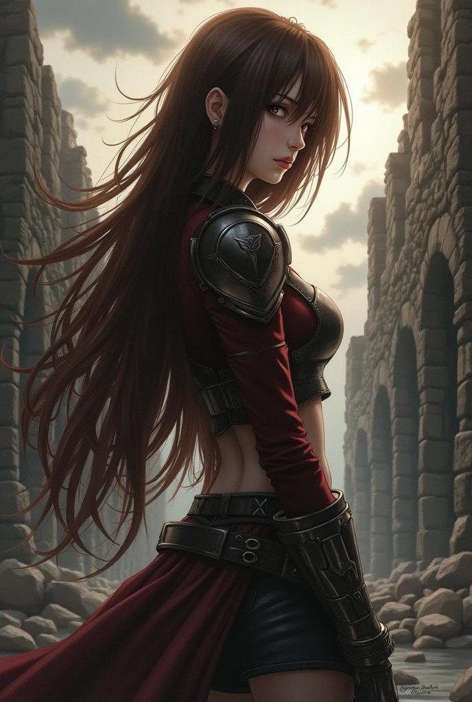 Brown haired attack on titan style, long hair, emo, sideswept bangs and hot, adult.
