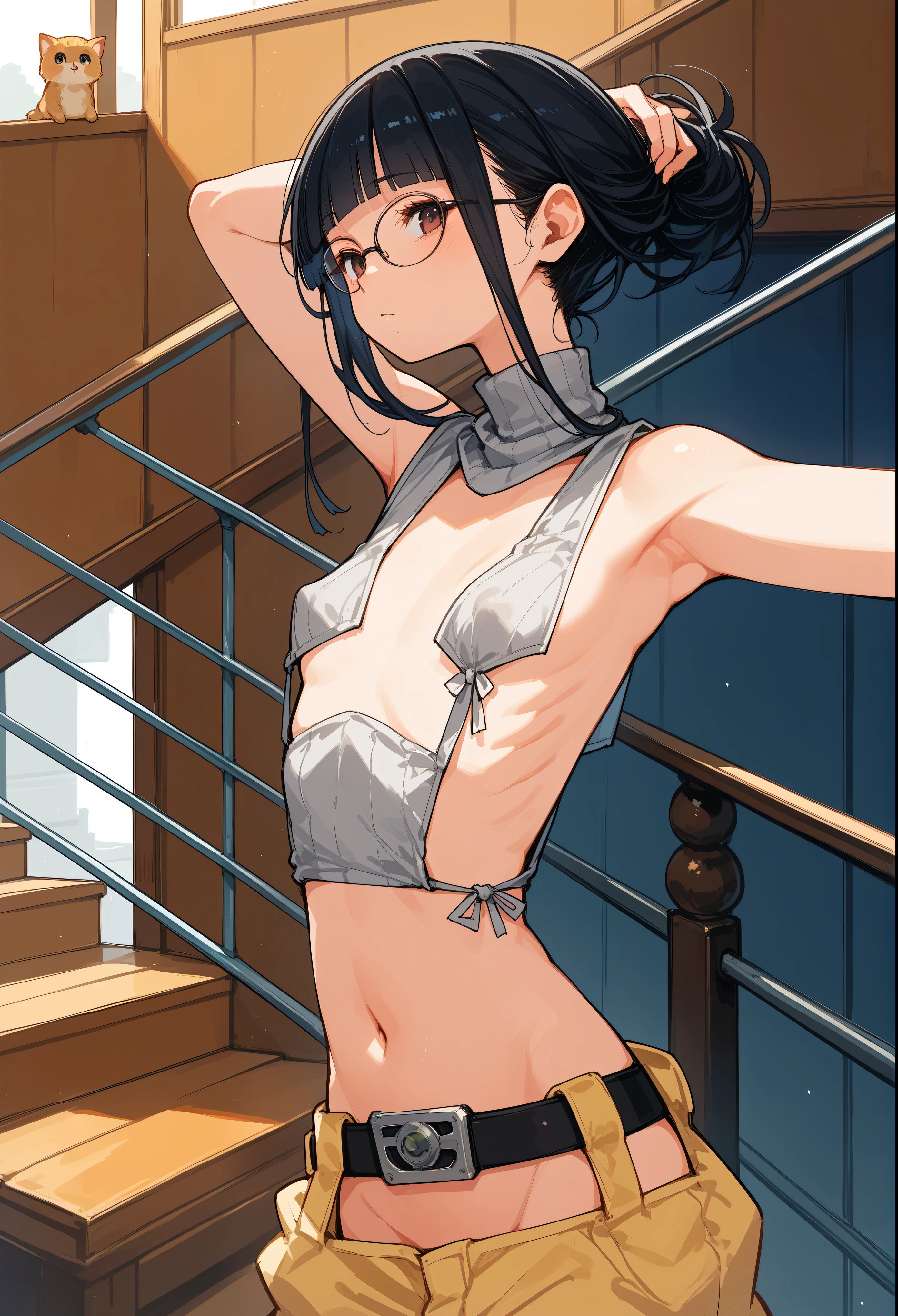 Revealing clothing,Focus on your audience,mischief,The sides of the upper body are completely exposed,Sleeveless turtleneck with fully open sides,Exposed from the sides to the chest,Protruding ribs,Exposing the waistline,Ultra low rise,Do not wear underwear、Sleeveless turtleneck with an open chest design,Exposed breasts、exposed flank,sexly,Flat Chest,Focus on your audience,very thin body,Anime Style,Slim figure,delicate,Glasses,Asian woman wearing a grey top posing on the stairs, Sleeveless turtleneck_baggy, Sleeveless turtleneck with fully open sides_Relaxed back design,rib cage,Side bust,Shoulders are wide open,sexlyなWearing a crop top, Photos of slim models, Chiho, T-Top, shikamimi, Wearing a crop top, real anime, Kurohime cut hair, Chassis, 2 4-year-old female model