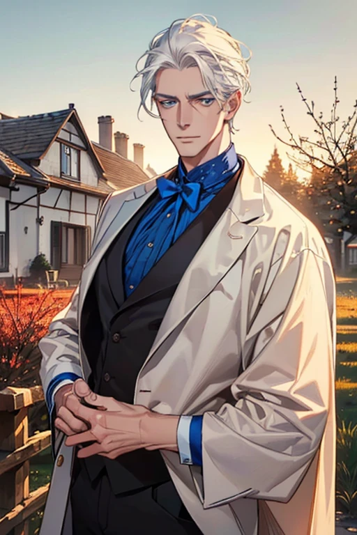 ((masterpiece:1.2, best quality)), 4k, adult, european face, 1man, male, mature, aged up, handsome, verytall, muscles, broad shoulders, dark casual clothes, white skin, middle white hair, blue eyes, portrait, sunset, old house with apple trees.
