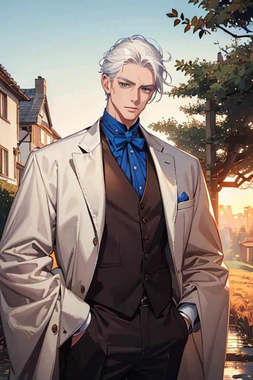 ((masterpiece:1.2, best quality)), 4k, adult, european face, 1man, male, mature, aged up, handsome, verytall, muscles, broad shoulders, dark casual clothes, white skin, middle white hair, blue eyes, portrait, sunset, old house with apple trees. 
