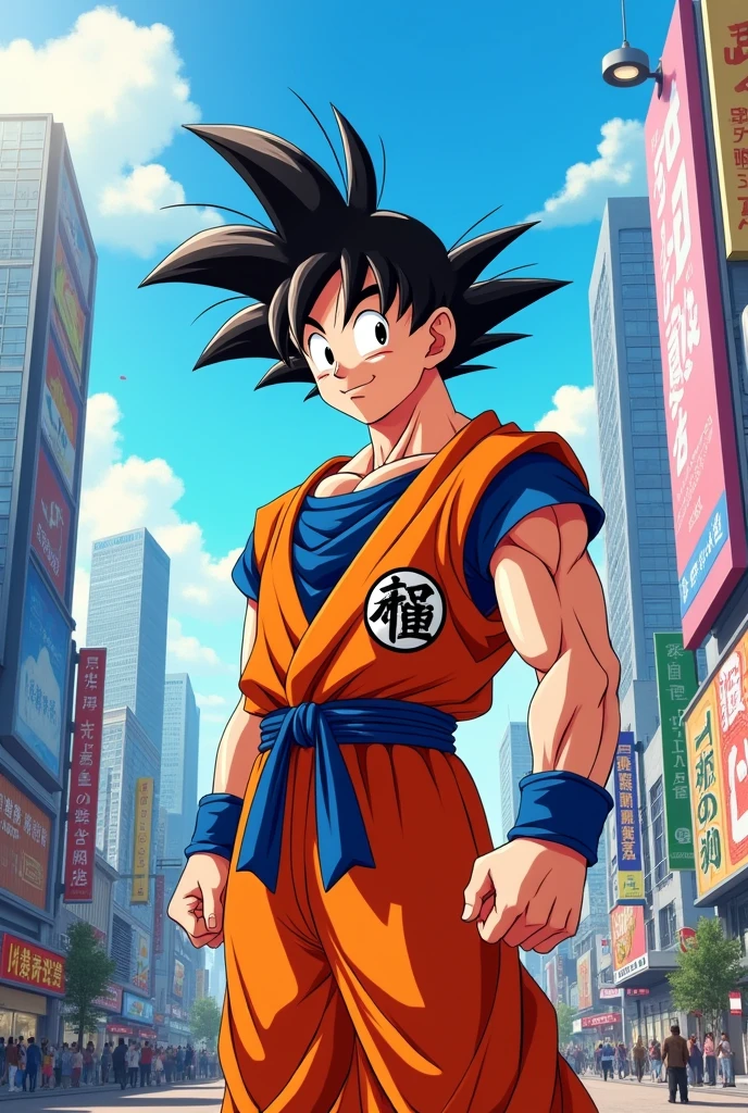 Draw Goku waving to the viewer in the city