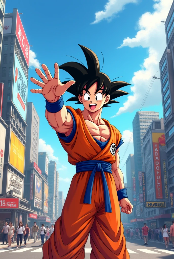 Draw Goku waving to the viewer in the city



