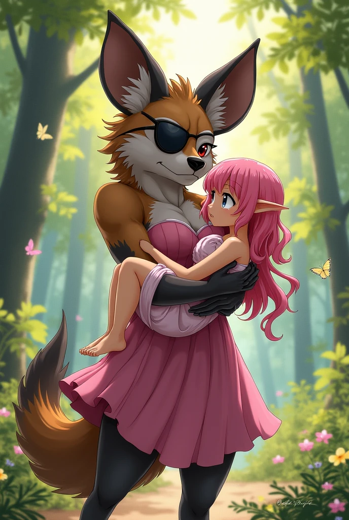 Draw me in anime style, a female humanoid hyena with a furry style, with muscular body, Fighting traits, an eye patch, fur covering that is wearing a dress and carrying an elf with pink hair and fur in her muscular arms., White skin, that she is barefoot and wears a pink dress