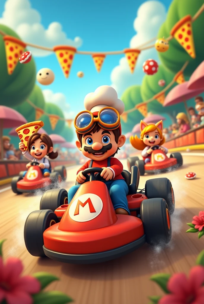 Crée-moi une bande de personnages amateurs de pizzas en karting surboosté inspiré de Mario kart mais libre de droit d'auteur pour décorer ma pizzeria devant le karting électrique