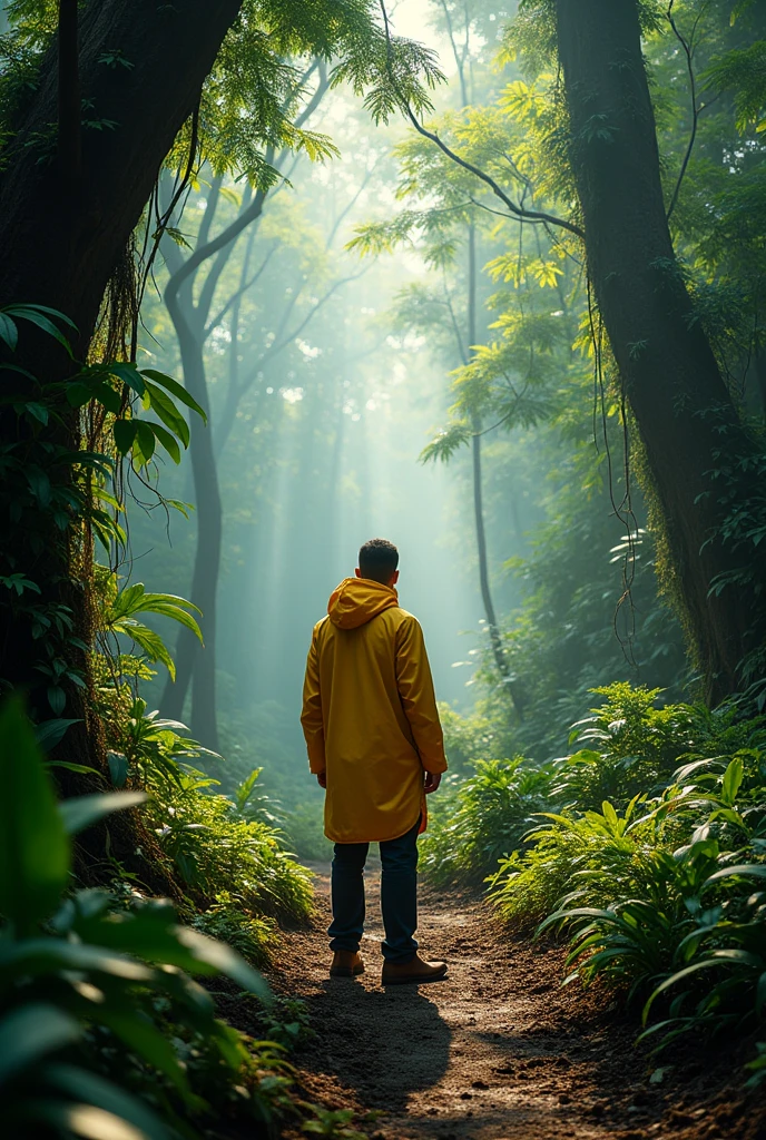 Man with his back turned, wearing a yellow raincoat, in a jungle